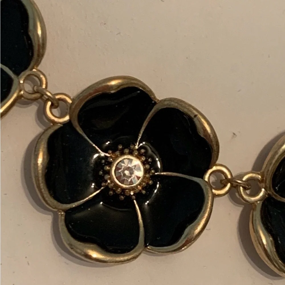 Black Floral Statement Necklace with Gold Accents
